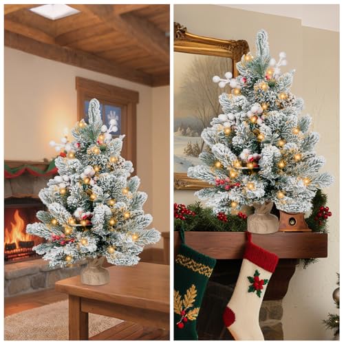 2FT Pre-lit Mini Christmas Snow Flocked Tree with LED Lights S498990