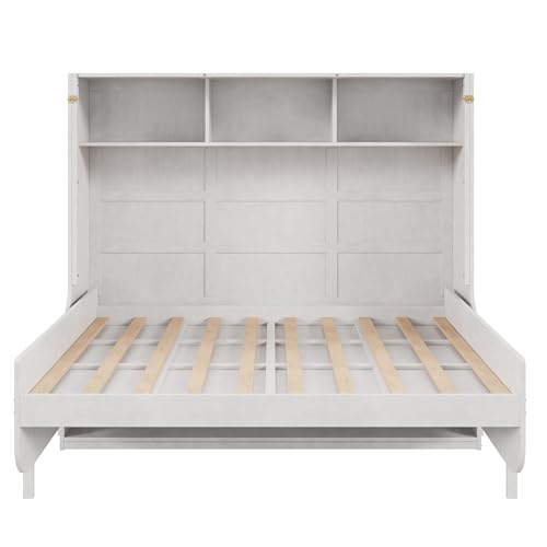 Antique White Full Size Murphy Bed with Desk and Storage Shelves R787