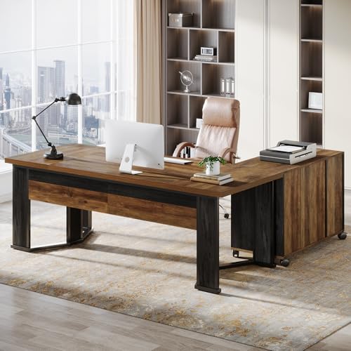 Brown and Black L Shaped Executive Desk with Mobile File Cabinet and 2 Drawers L418
