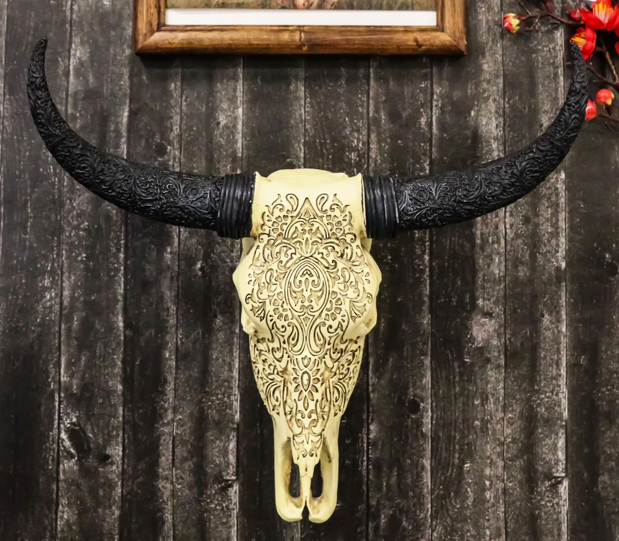 Tooled Bison Bull Cow Skull Wall Decor Plaque T377