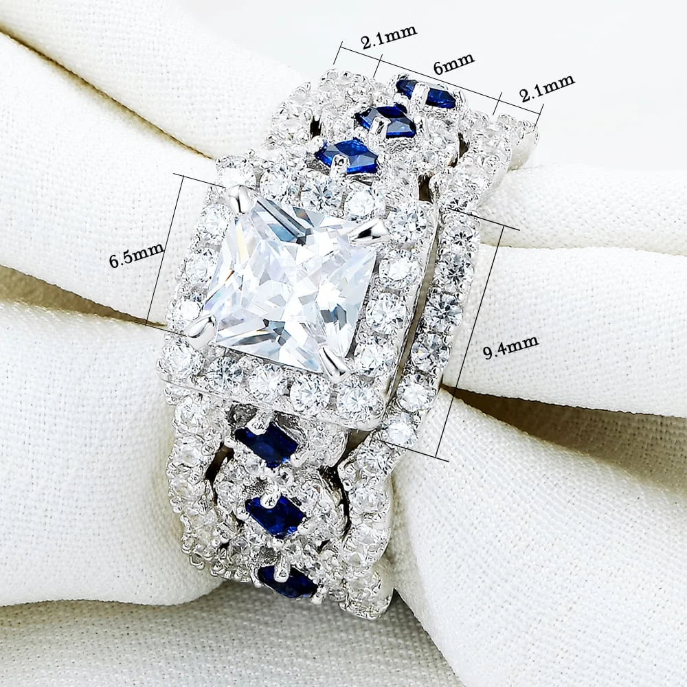 925 Sterling Silver Princess White Cz Blue Engagement Ring Set 3pcs Size 4.5 F110