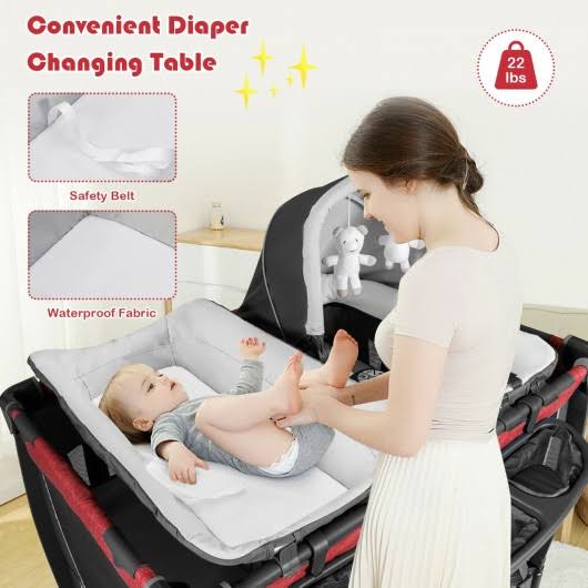 Red 4-in-1 Convertible Portable Baby Play Yard with Toys and Music Player C869385