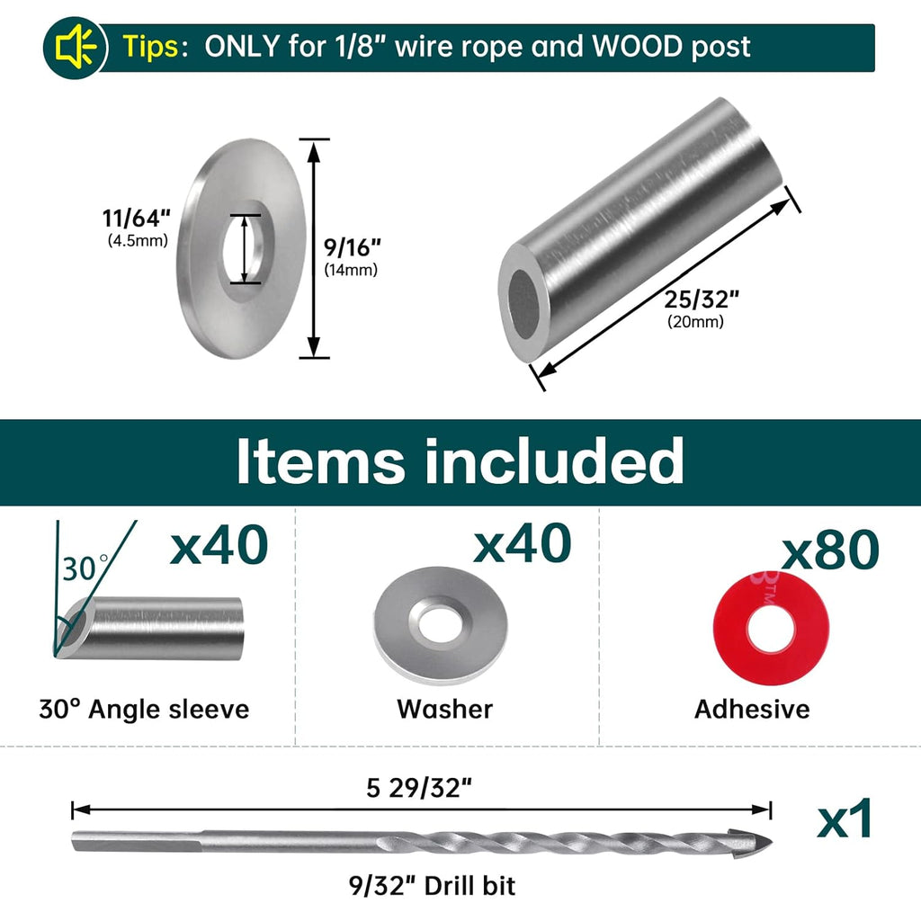 40Pack 1/8 Angle Protector Sleeve Cable Railing Kit 30 Degree T316 Stainless Steel L332