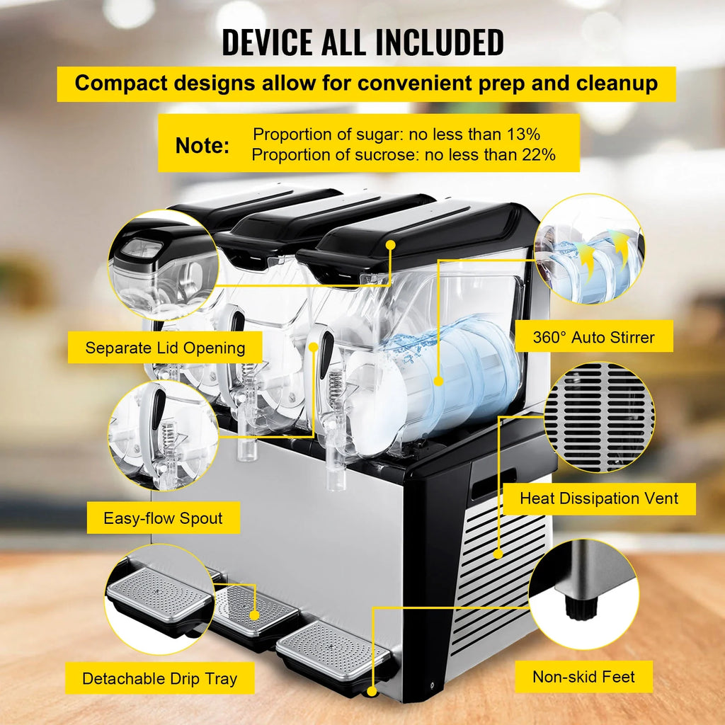 110V Commercial Slushy Machine 10L x 3 Tank Frozen Drink Machine 1250W Stainless Steel D581373