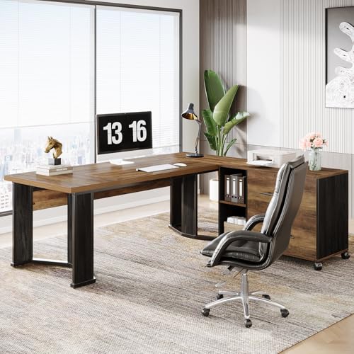 Brown and Black L Shaped Executive Desk with Mobile File Cabinet and 2 Drawers L418
