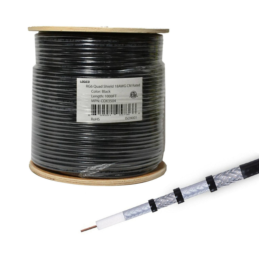 18 AWG Quad Shield Coaxial Cable 1000 ft Black RG6 K536058