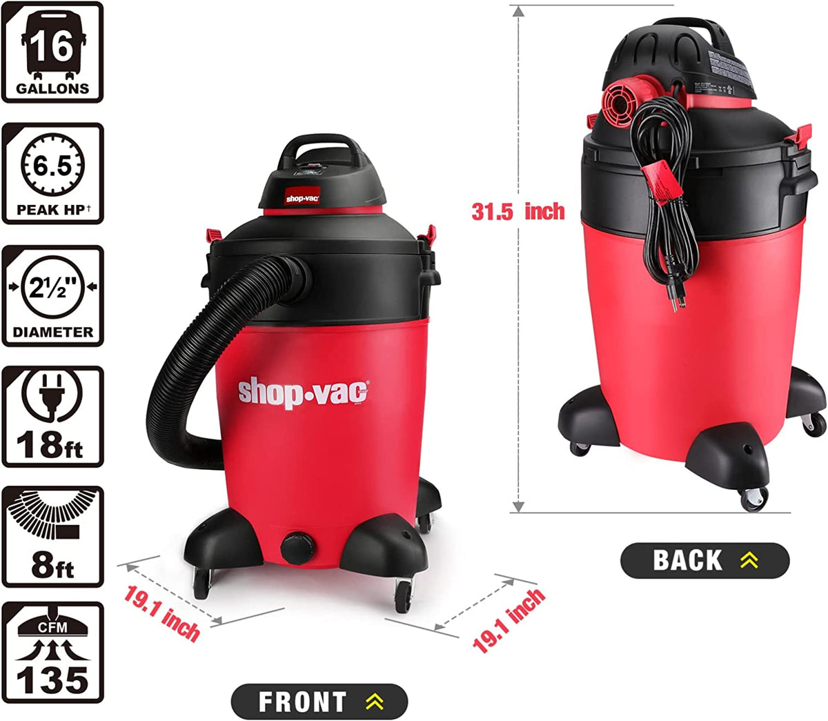 16 Gallon 6.5 Peak HP Wet/Dry Vacuum with Filters, Attachments and Drain Port V20946
