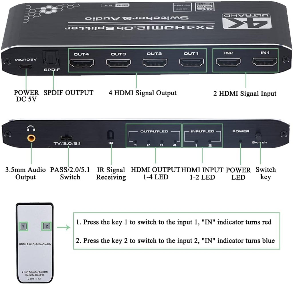4K HDMI Splitter 2x4 with Audio Extractor and IR Remote Control, Pack of 2 B623789