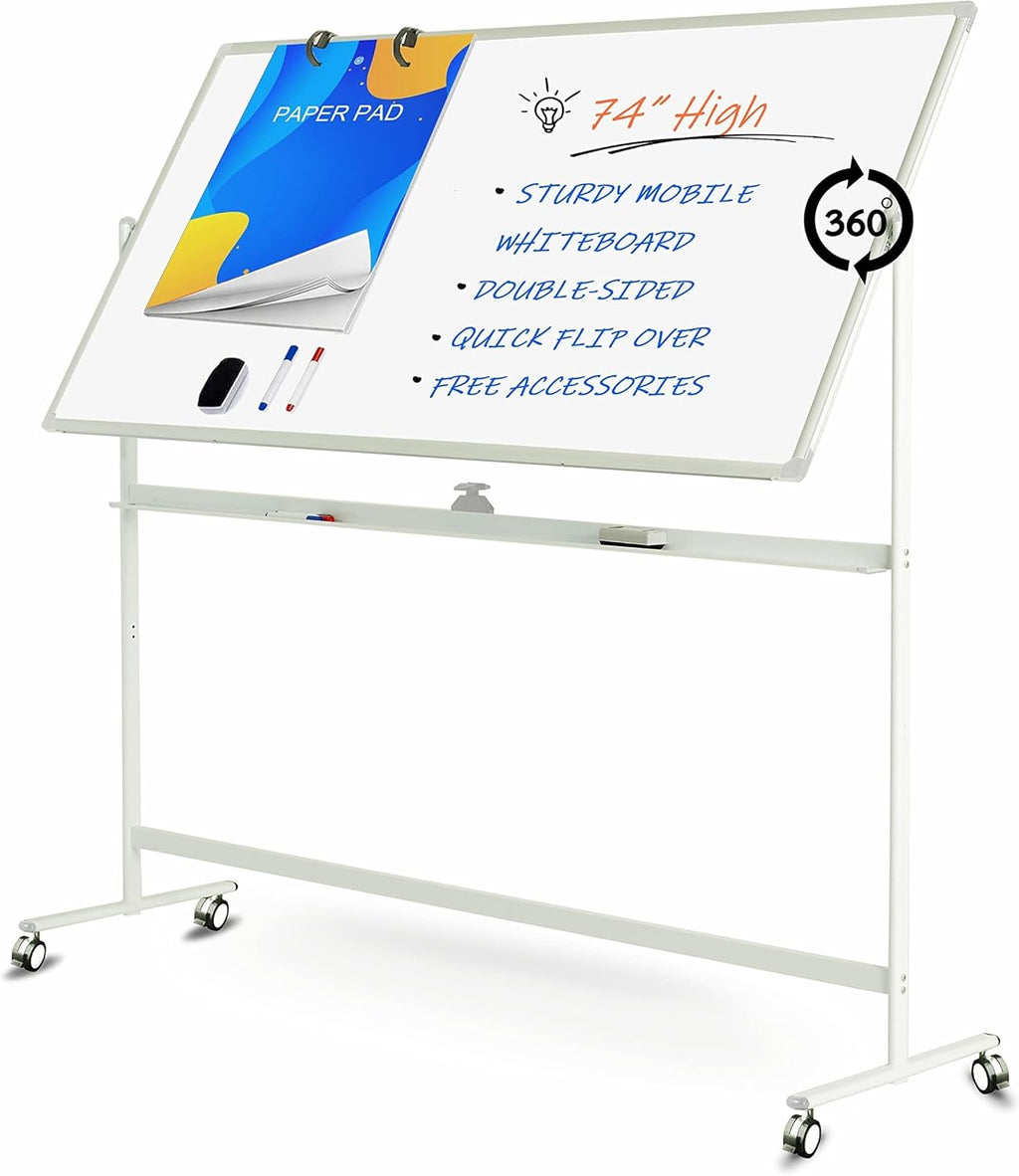 Mobile White Board Double Sided 48 x 32 Inches Adjustable Height Rolling Black Stand M2816