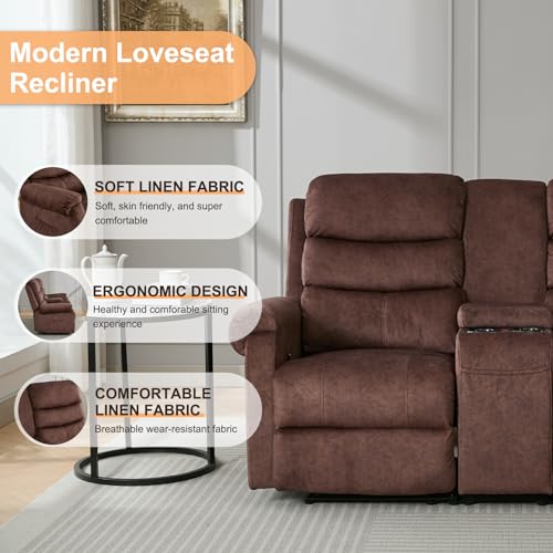 Grey Linen Manual Loveseat Recliner with Storage Console V422363