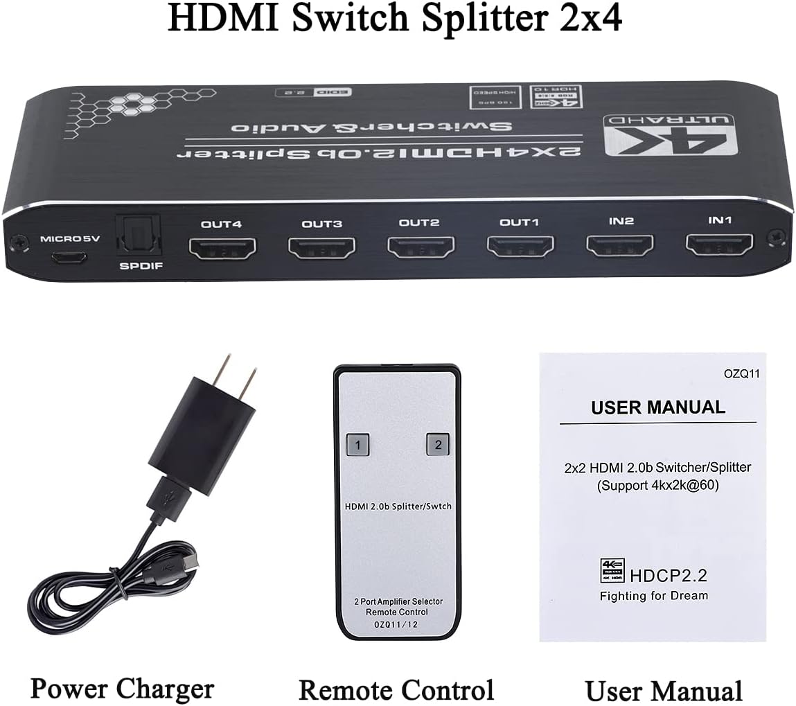 4K HDMI Splitter 2x4 with Audio Extractor and IR Remote Control, Pack of 2 B623789