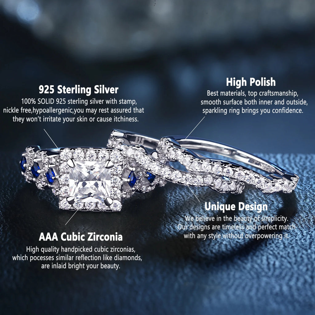 925 Sterling Silver Princess White Cz Blue Engagement Ring Set 3pcs Size 4.5 F110