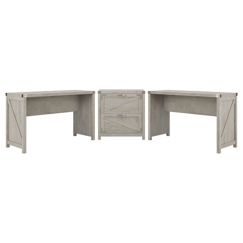 2 Person Farmhouse Desk Set with Lateral File Cabinet in Cottage White D81406