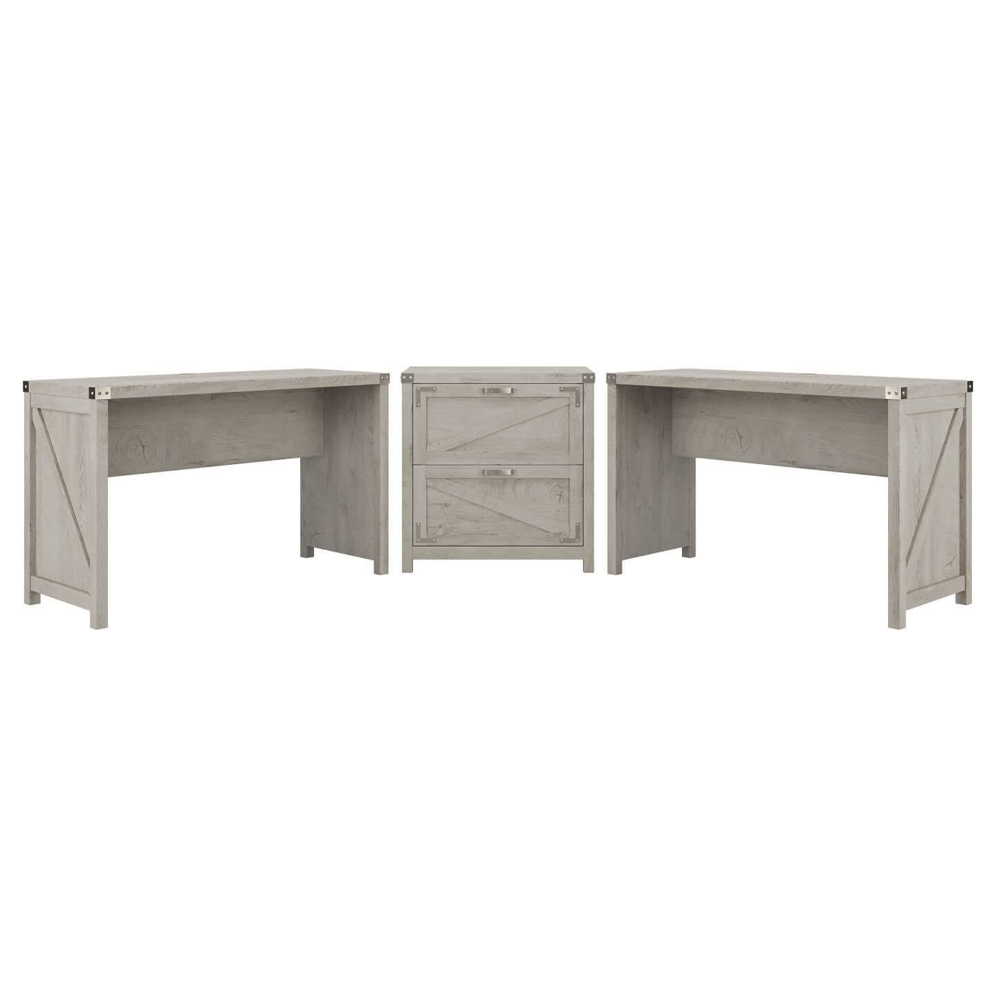 2 Person Farmhouse Desk Set with Lateral File Cabinet in Cottage White D81406