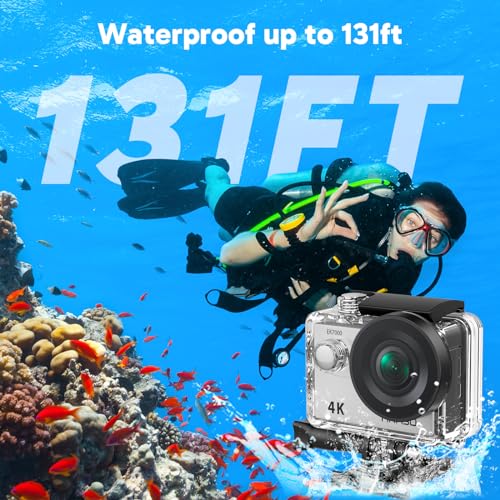 4K30FPS 20MP WiFi Action Camera with EIS Ultra HD Underwater Camera 131FT Waterproof Camera Remote Control 4X Zoom Support External Microphone Silver M42853