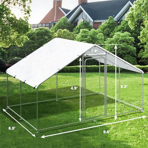Large Metal Chicken Coop Walk-in Chicken Run with Waterproof Cover Anti-UV Spire Shaped Cage (13.1’L x 9.8’W x 6.5’H) Z525