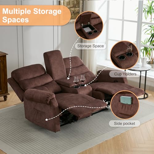 Grey Linen Manual Loveseat Recliner with Storage Console V422363