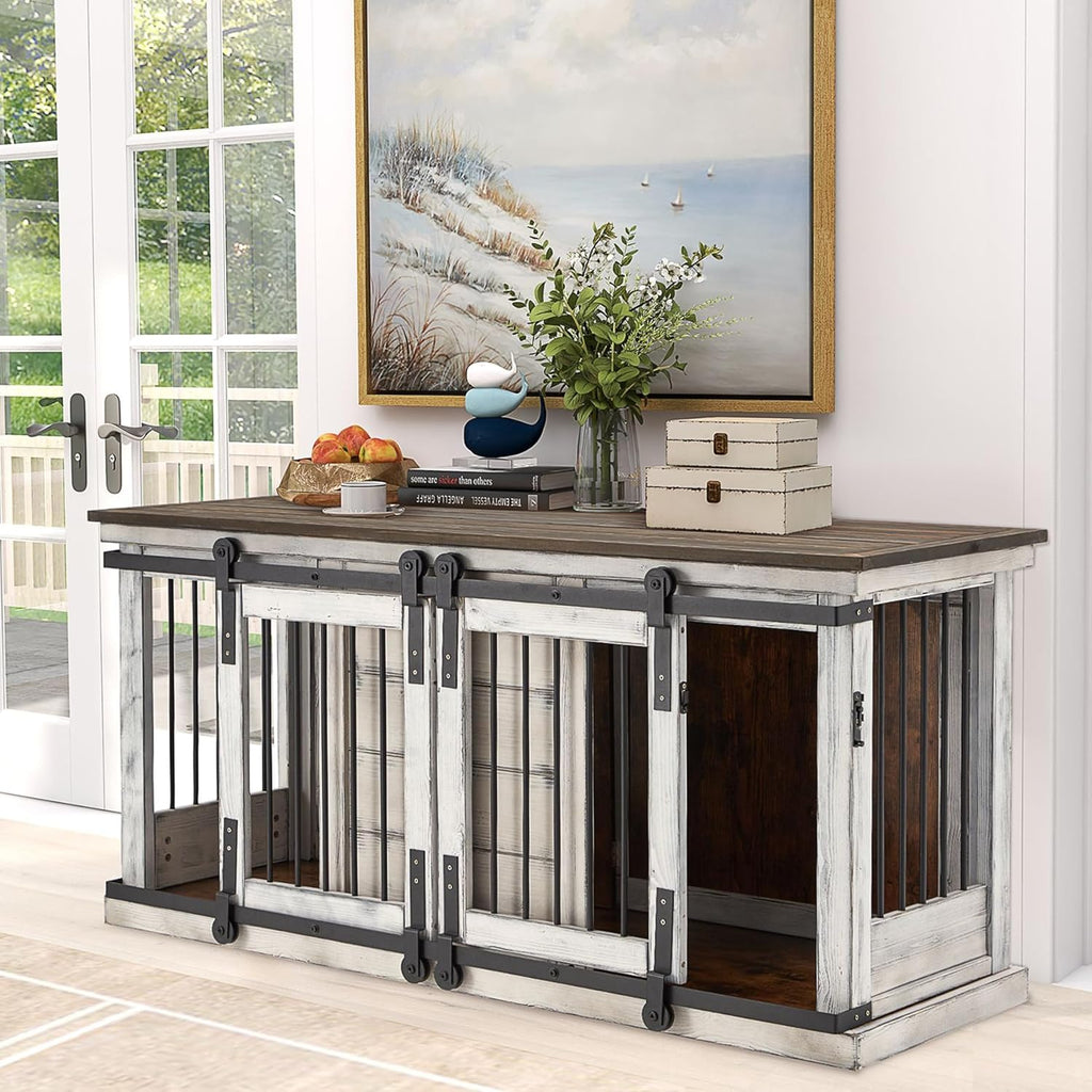 White 62.5'' Solid Wood Dog Crate with Removable Divider C680