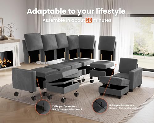 Modular Sectional Couch Corduroy L Shaped Sleeper Sofa with Storage Ottoman R23935