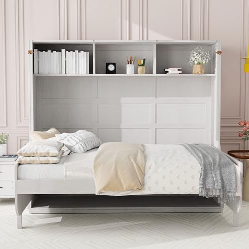 Antique White Full Size Murphy Bed with Desk and Storage Shelves R787
