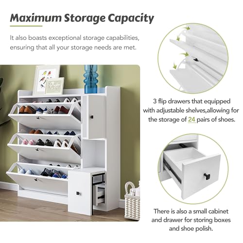 Slim Shoe Storage Cabinet with 3 Flip Drawers, Black W3372