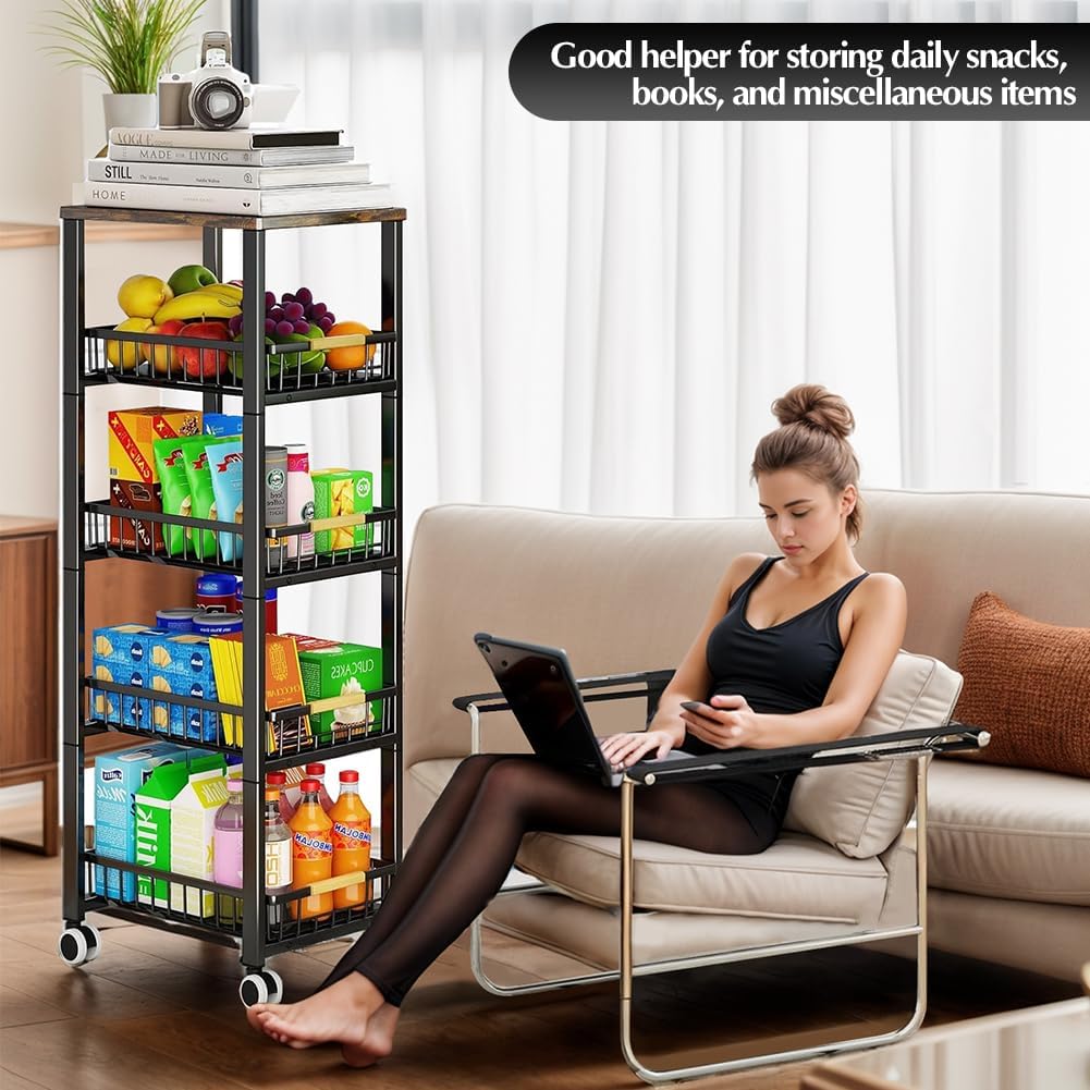 5 Tier Wire Basket with Wood Top and Wheels X580066