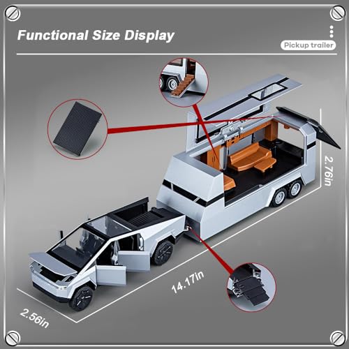 Silver Diecast Pickup Truck Model with Trailer RV and Motorcycle Y53373