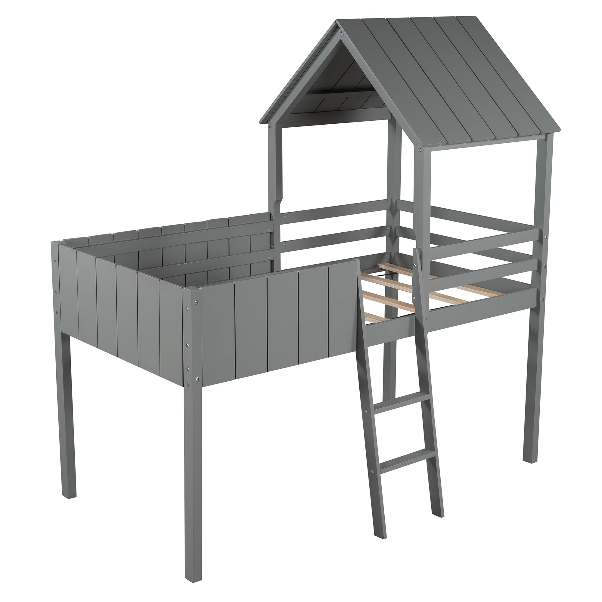 Gray Twin Size Wood Loft Bed with Roof Guardrail Ladder H1926