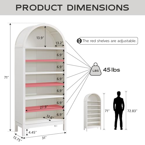 Natural 7 Tier Arched Bookshelf with Adjustable Shelves S884