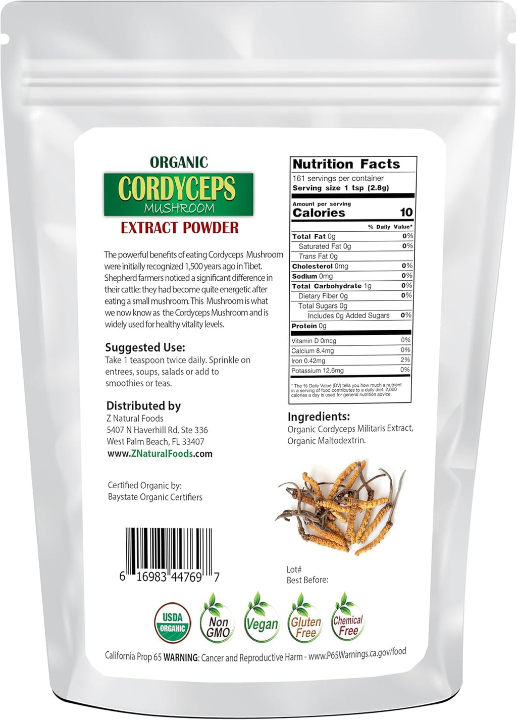 Organic Cordyceps Mushroom Extract Powder, 1 lb, 161 servings Y2130