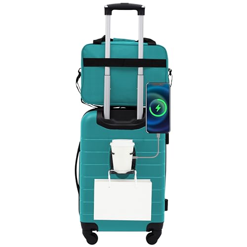 Black 20-Inch Carry-On Luggage Set with Cup Holder and USB Port I26948
