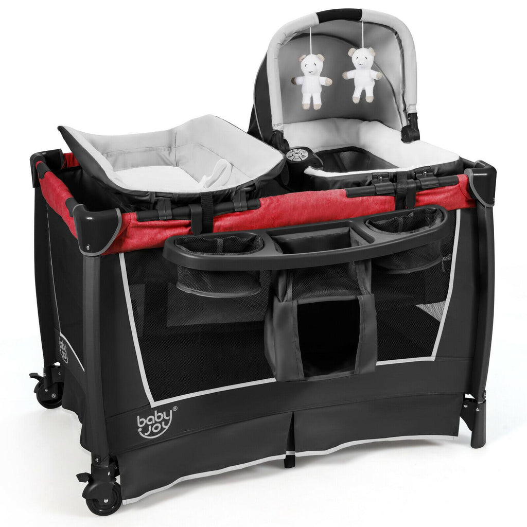 Red 4-in-1 Convertible Portable Baby Play Yard with Toys and Music Player C869385