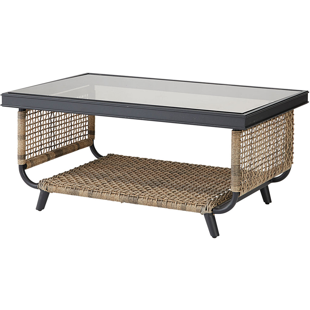 6-Piece Modern Outdoor Chat Set with Open Weave Wicker Sofa, 2 Side Chairs, 2 Ottomans, and Glass Top Coffee Table with Charcoal Plush Cushions Y106