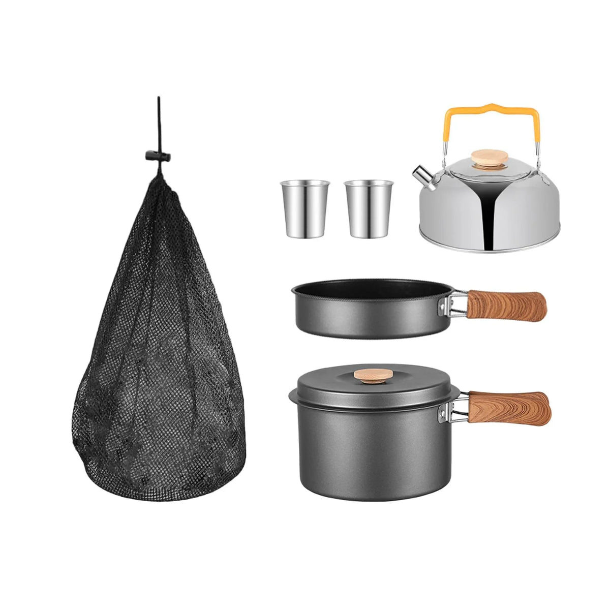 5x Gray Camping Cookware Set with Saucepan Drink Cup Pot Pan Kettle I338036