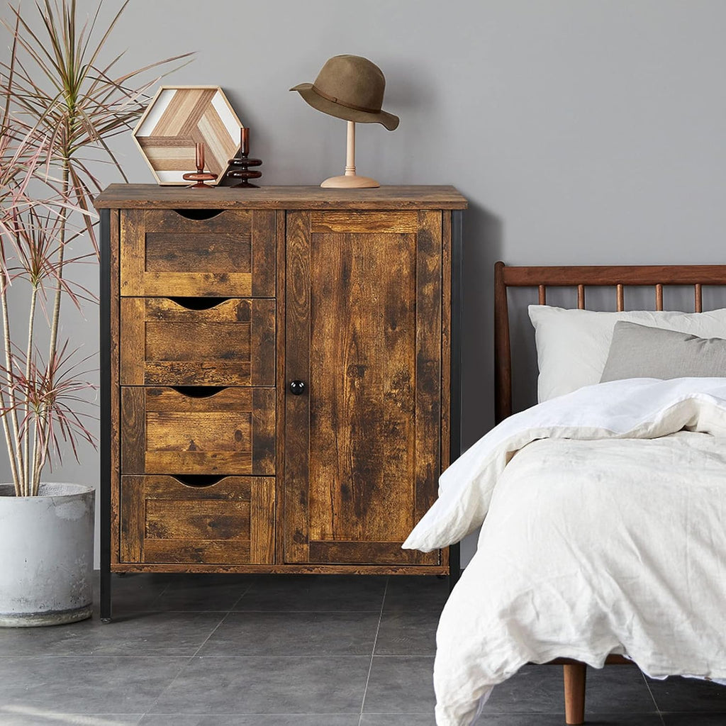 Rustic Brown 4 Drawer 1 Door Wooden Metal Frame Bathroom Floor Cabinet Q57372