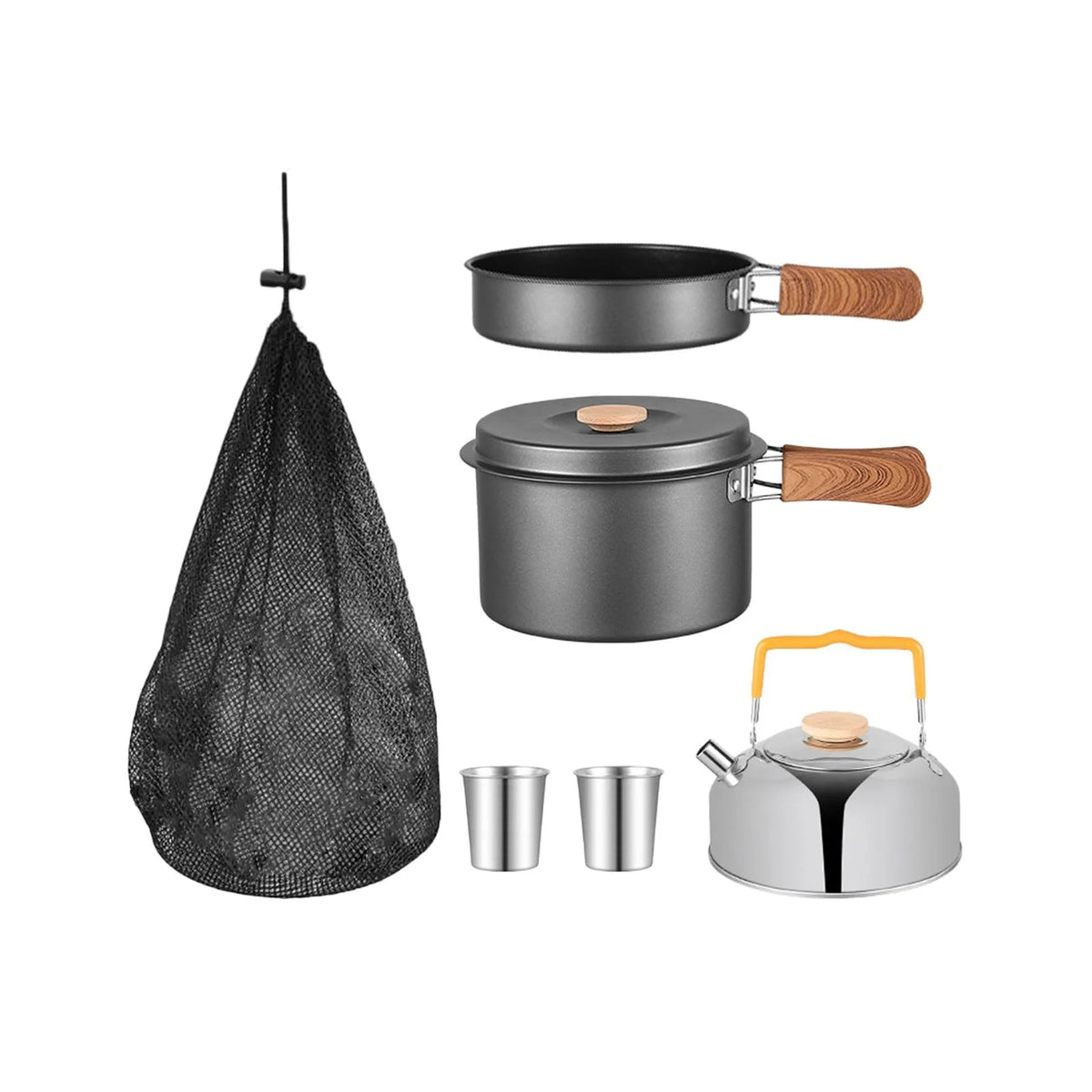 5x Gray Camping Cookware Set with Saucepan Drink Cup Pot Pan Kettle I338036