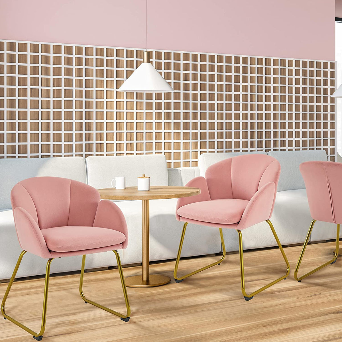 Pink Velvet Flower Shape Armchair with Golden Metal Legs, 2 Pieces G44161