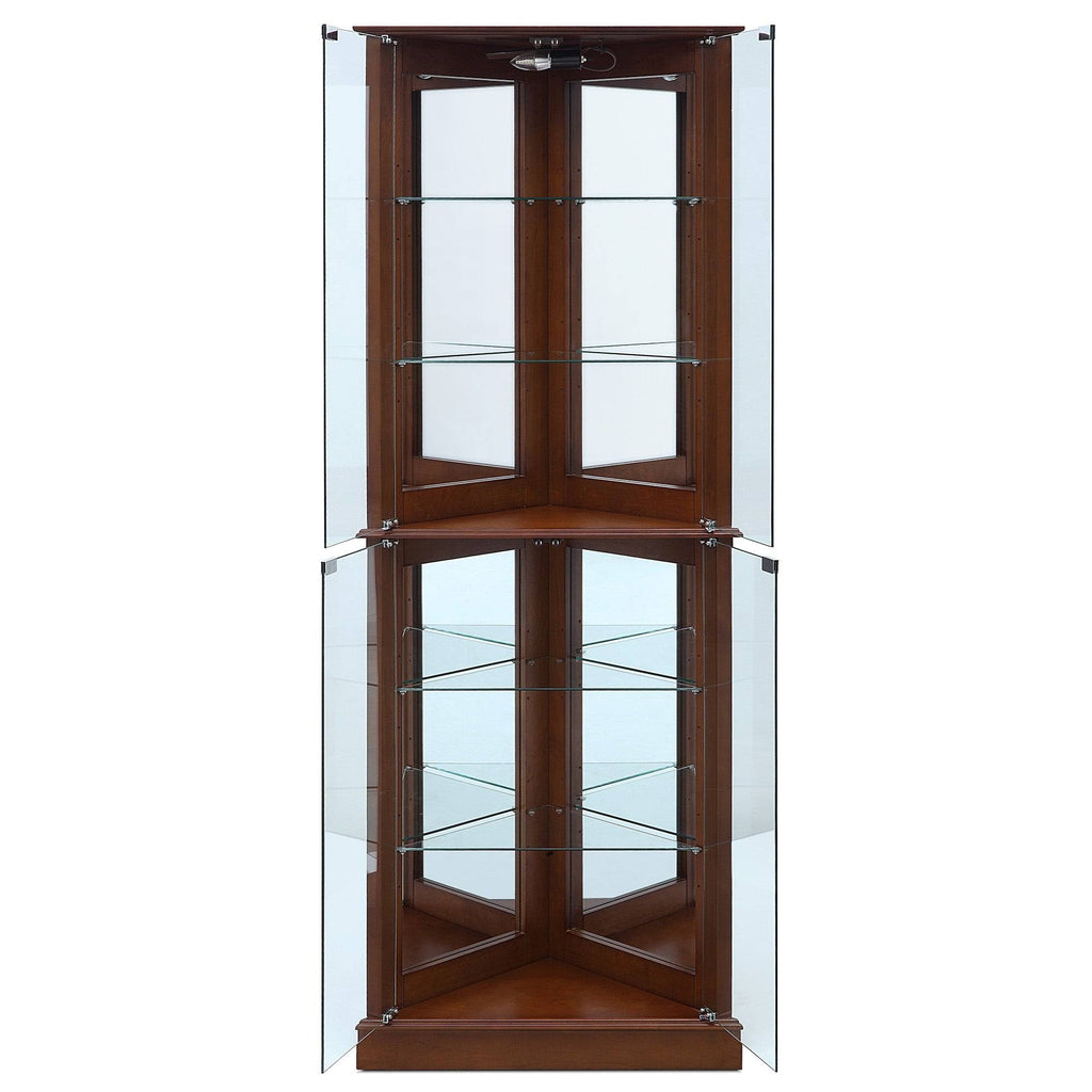 Lighted Corner Curio Cabinet with Tempered Glass Door, 6 Shelves, Walnut E1879