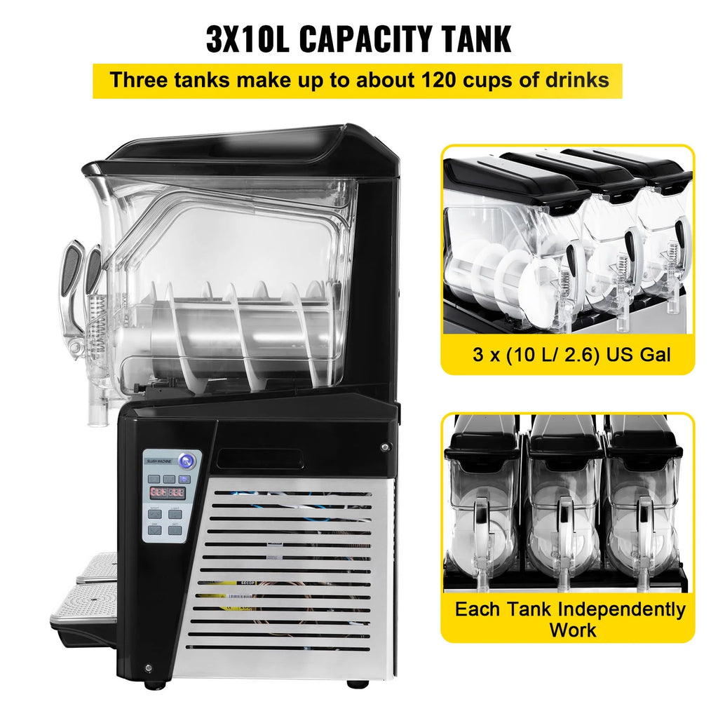110V Commercial Slushy Machine 10L x 3 Tank Frozen Drink Machine 1250W Stainless Steel D581373
