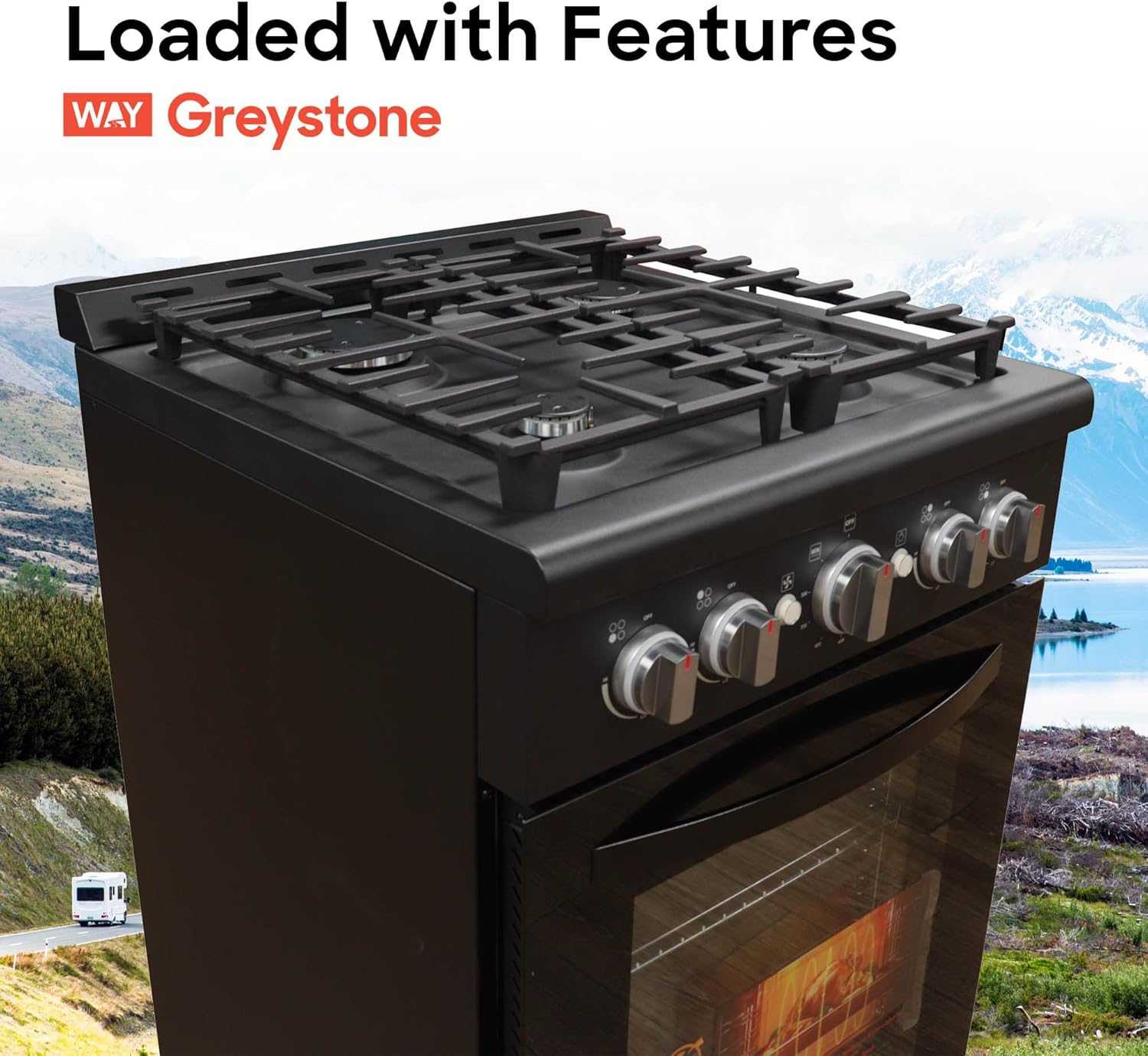 24 Inch Slide-In RV Gas Range with Oven, 4 Burners, Black R99213