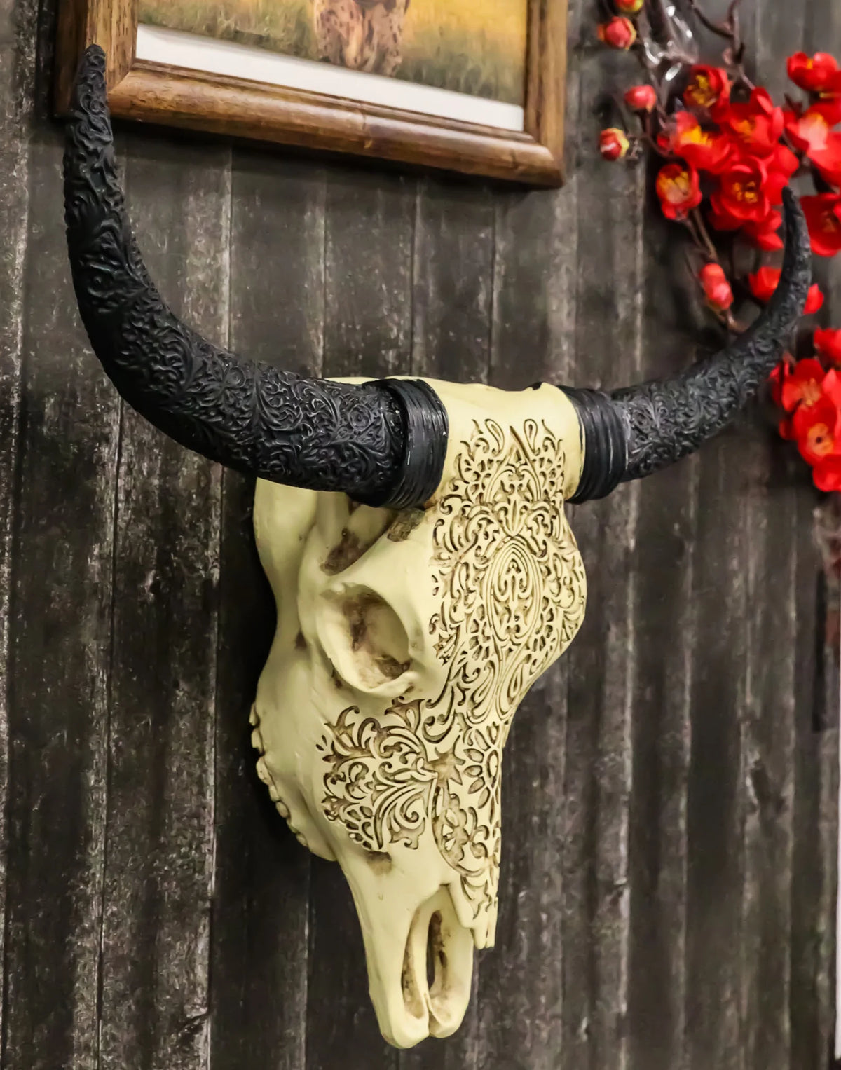 Tooled Bison Bull Cow Skull Wall Decor Plaque T377