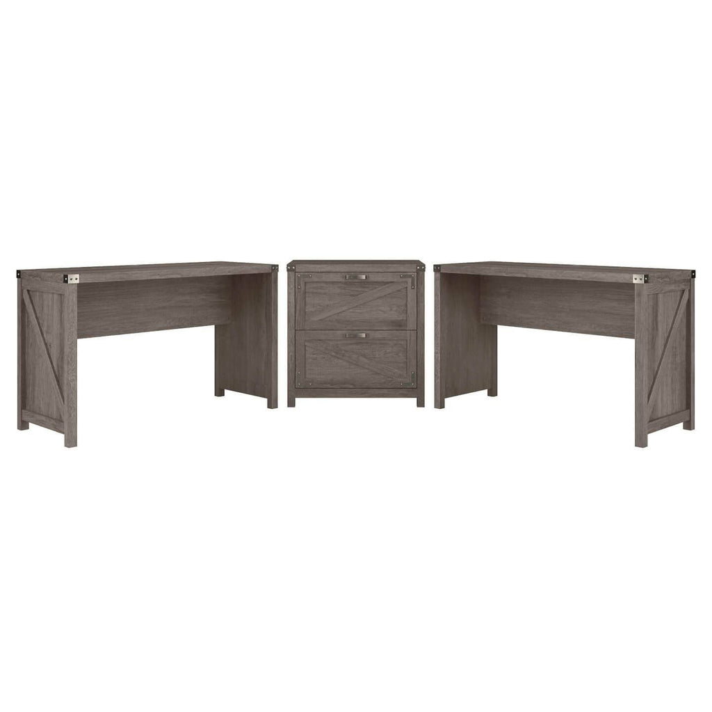 2 Person Farmhouse Desk Set with Lateral File Cabinet in Cottage White D81406