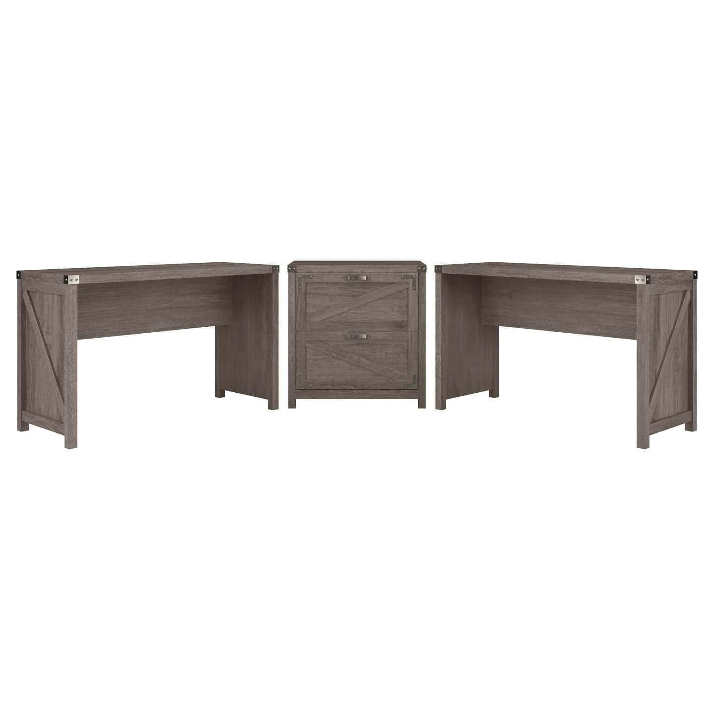 2 Person Farmhouse Desk Set with Lateral File Cabinet in Cottage White D81406