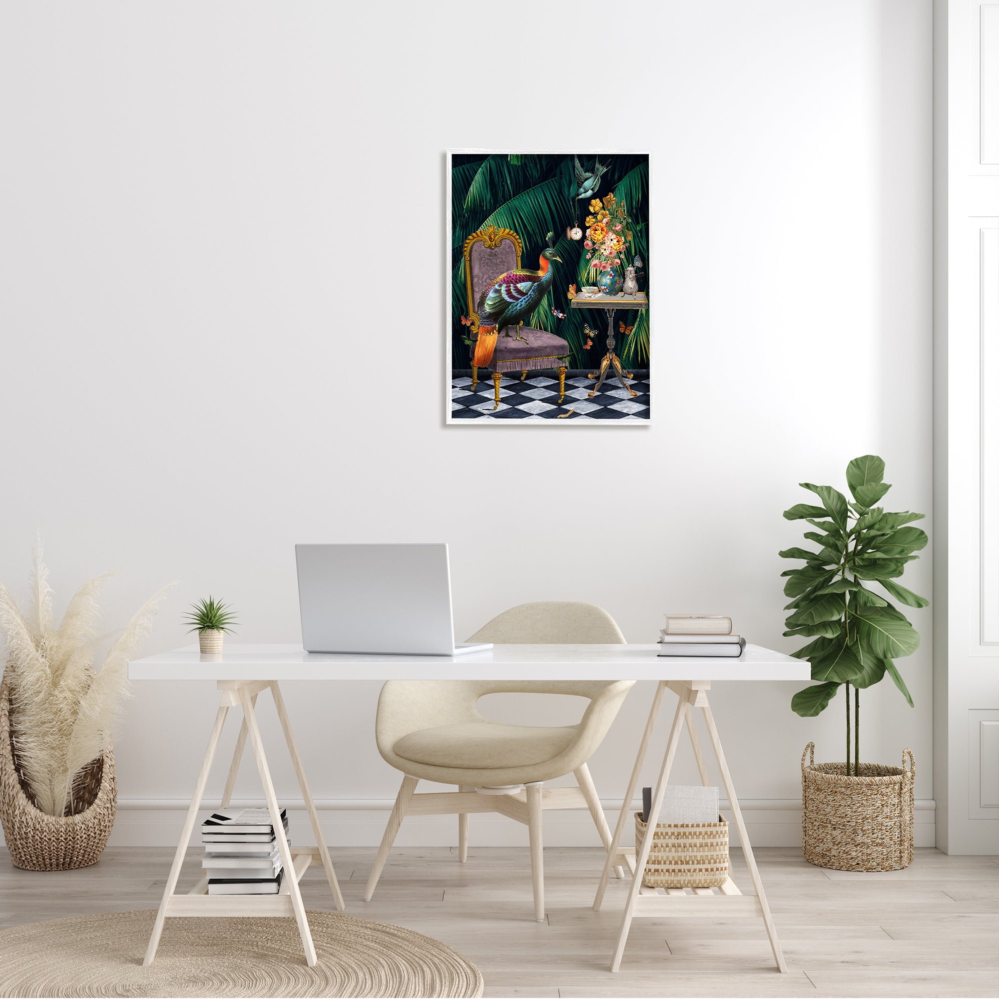 Regal Peacock On Chair Falling Palm Fronds, 24 x 30 P7911