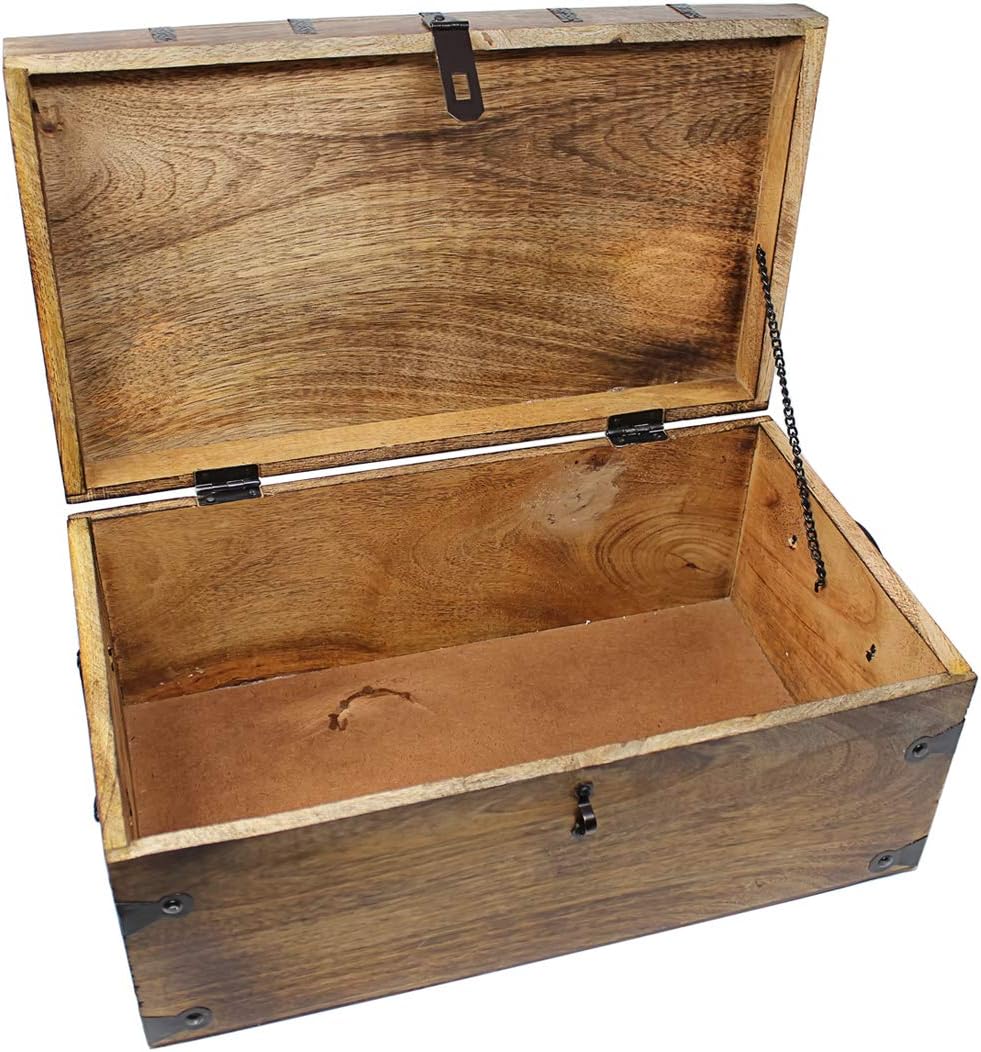 Wooden Treasure Chest with Antique Iron Lock and Skeleton Key, X-Large 17 x 10 x 7.5 Y715412