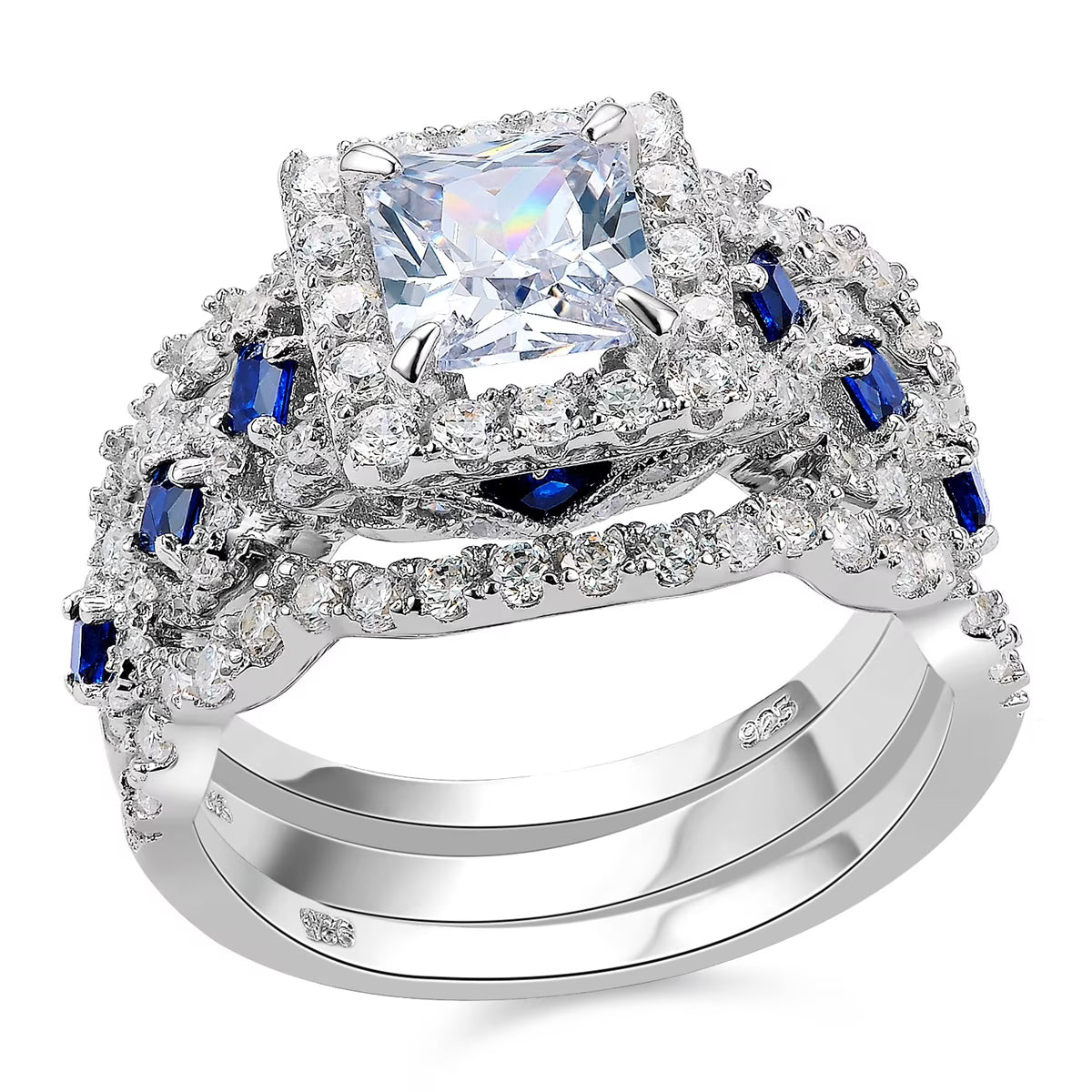 925 Sterling Silver Princess White Cz Blue Engagement Ring Set 3pcs Size 4.5 F110