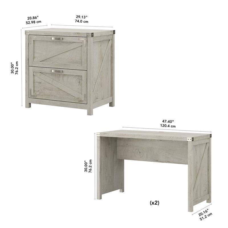 2 Person Farmhouse Desk Set with Lateral File Cabinet in Cottage White D81406